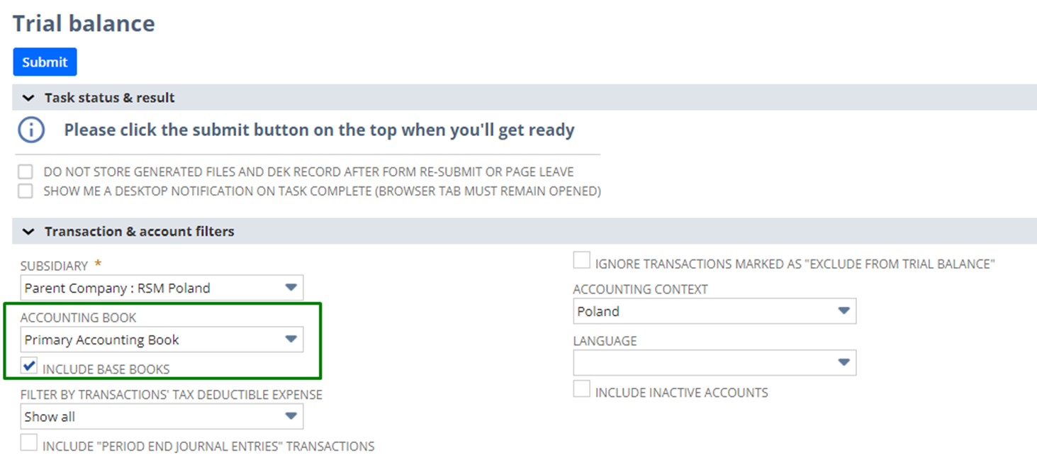 Trial balance Oracle NetSuite PLP