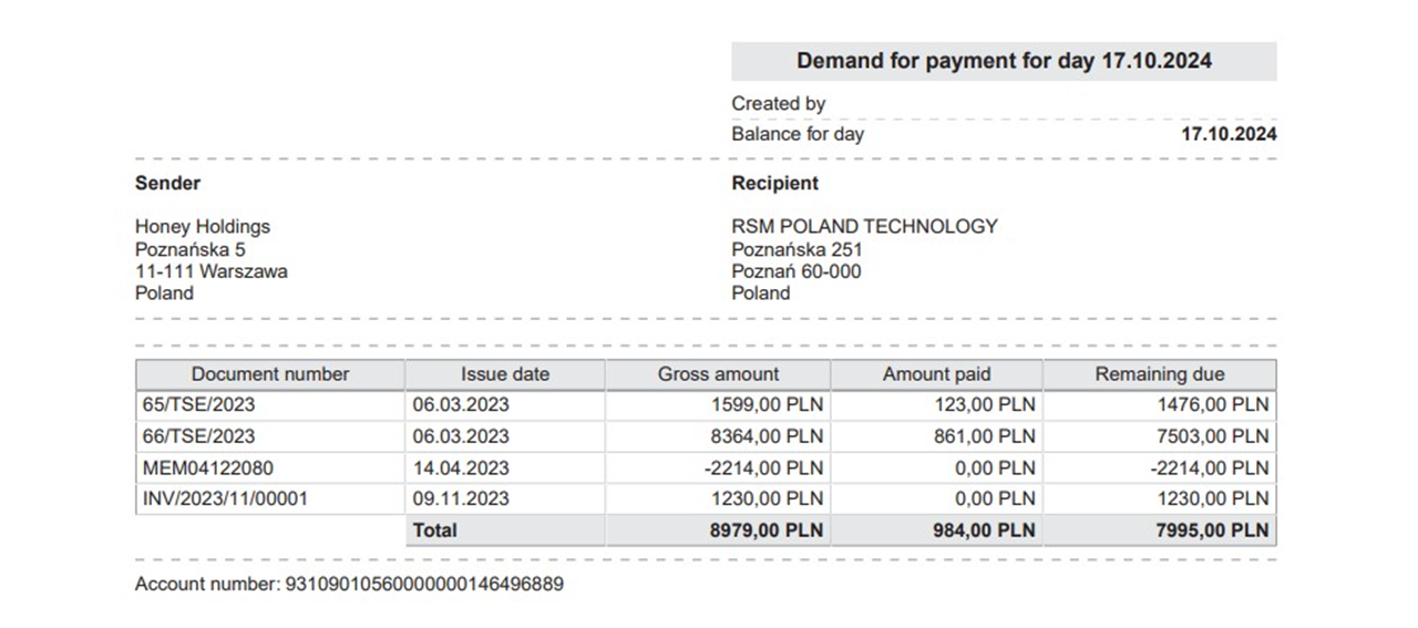 Wydruk raportu Demand for payment oracle netsuite plp