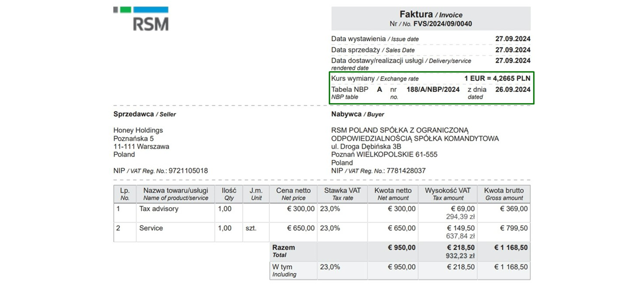 kursy walut do poszczególnych pozycji na wydrukach oracle netsuite