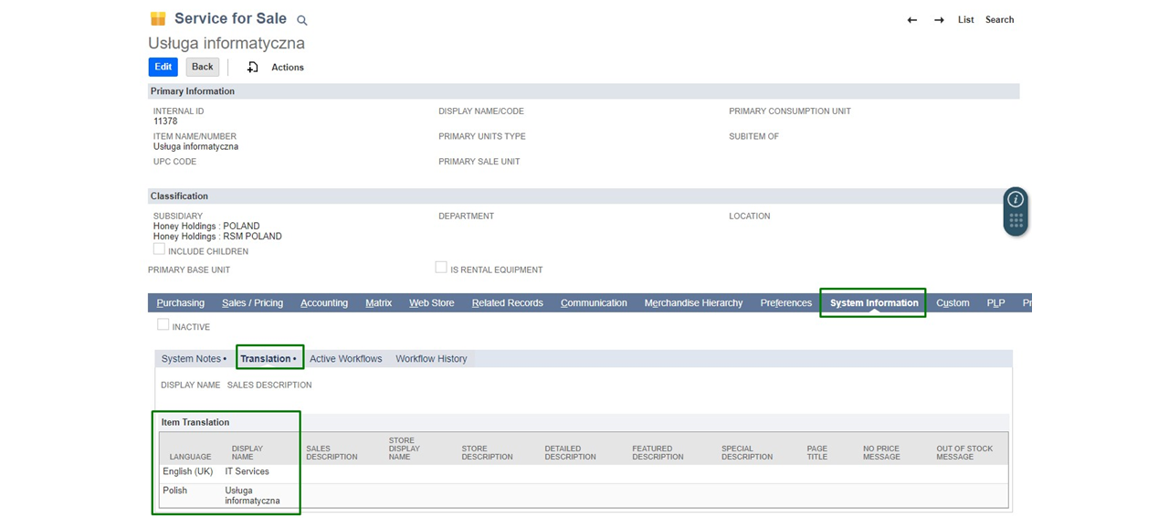 Obsługa tłumaczeń nazw towarów i usług Oracle NetSuite PLP