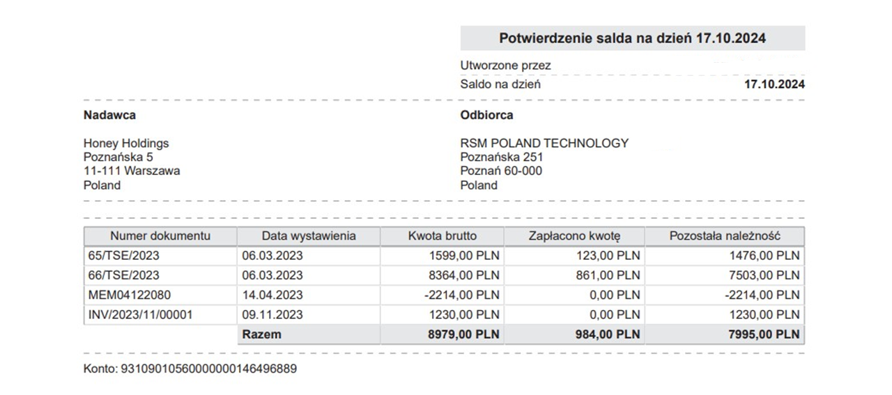 potwierdzenie salda oracle netsuite plp