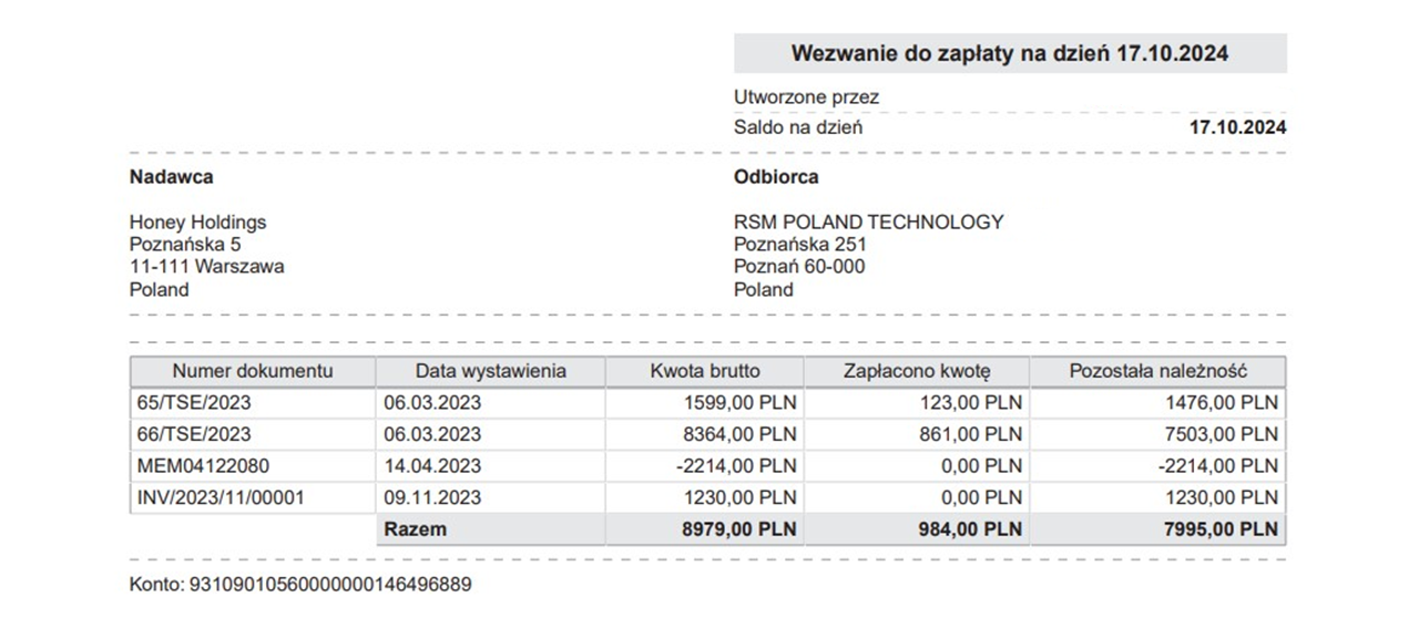 wydruk raportu wezwania do zapłaty oracle netsuite plp