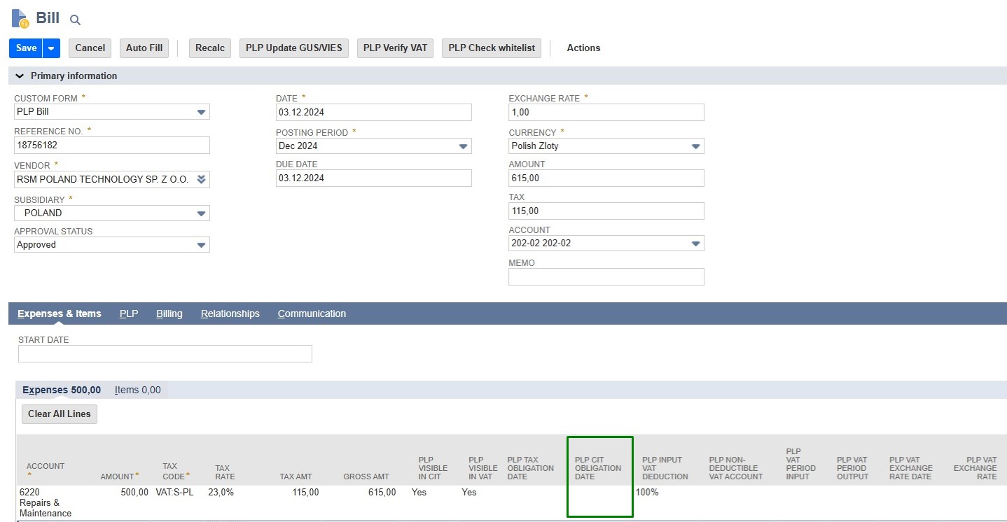 PLP CIT Obligation Date Oracle NetSuite