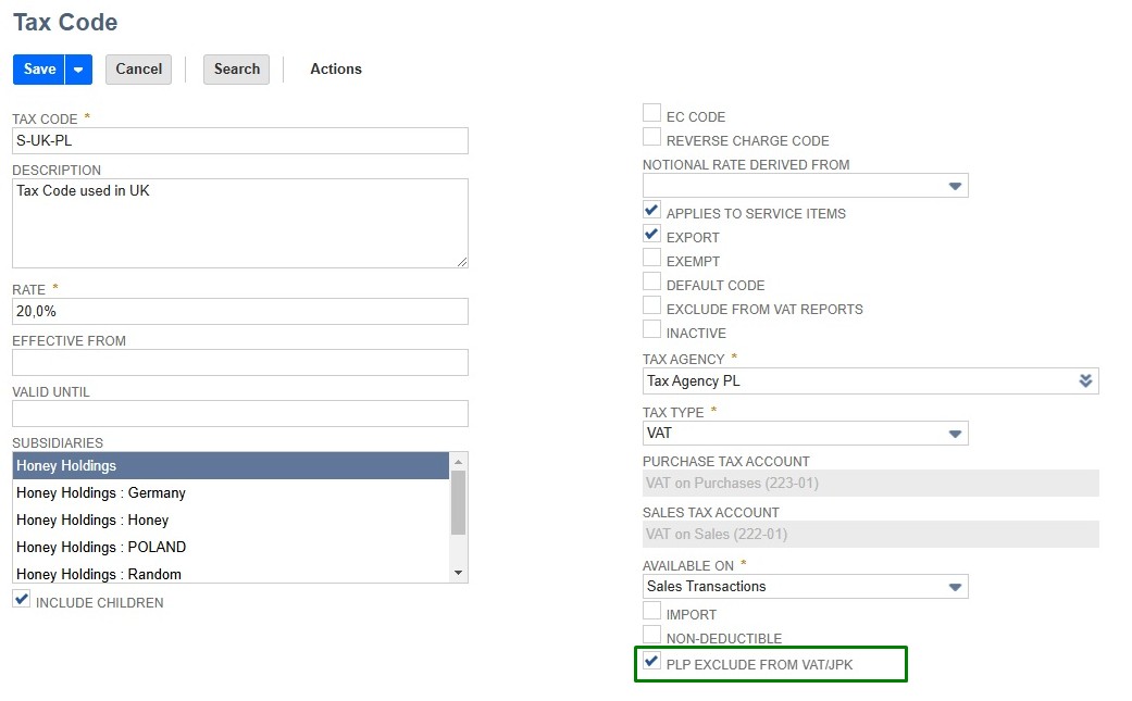 PLP Exclude from VATJPK Oracle NetSuite