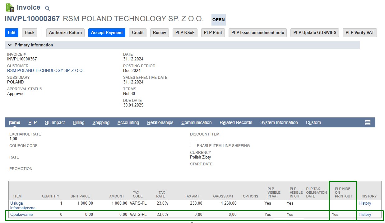 Ukrywanie wybranych pozycji na wydrukach PLP oraz w pliku XML KSeF Oracle NetSuite