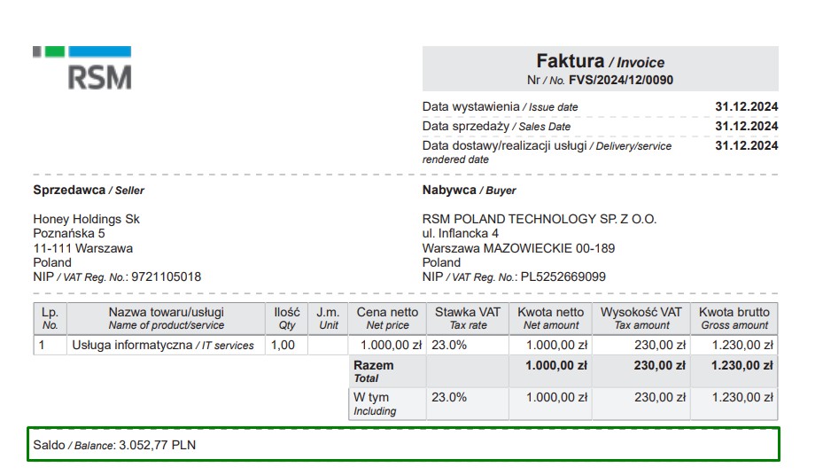 Oracle netsuite prezentacja salda w formie listy