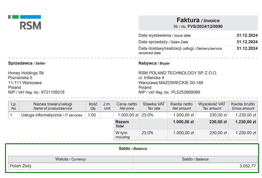 Oracle netsuite prezentacja salda w formie tabeli