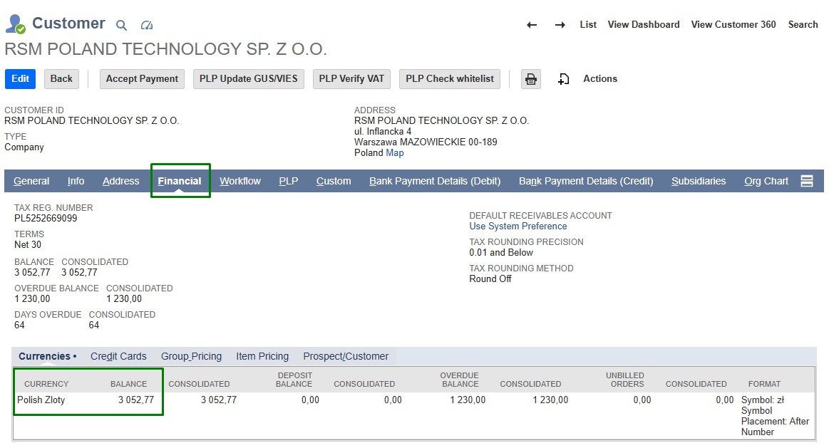 salda kontrahenta na wydrukach PLP Oracle NetSuite