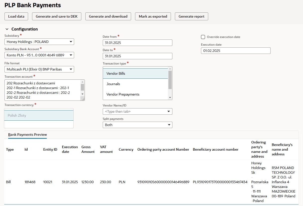 PLP Bank Payments Oracle NetSuite 2025